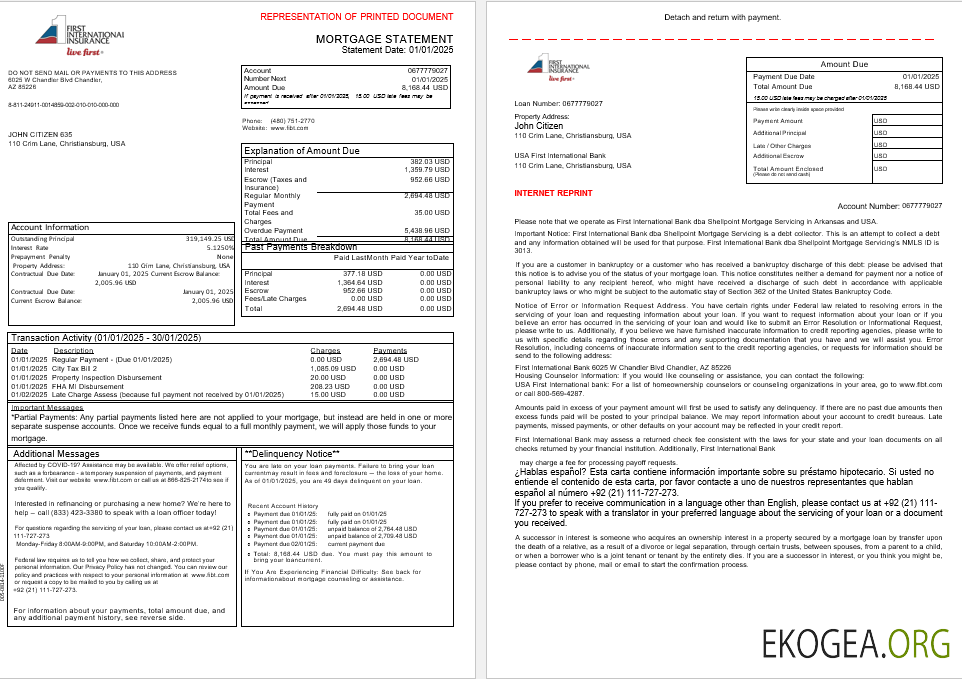 Relevé hypothécaire de la banque USA First International Bank & Trust aux formats Word et PDF, 3 pages 1 , 2